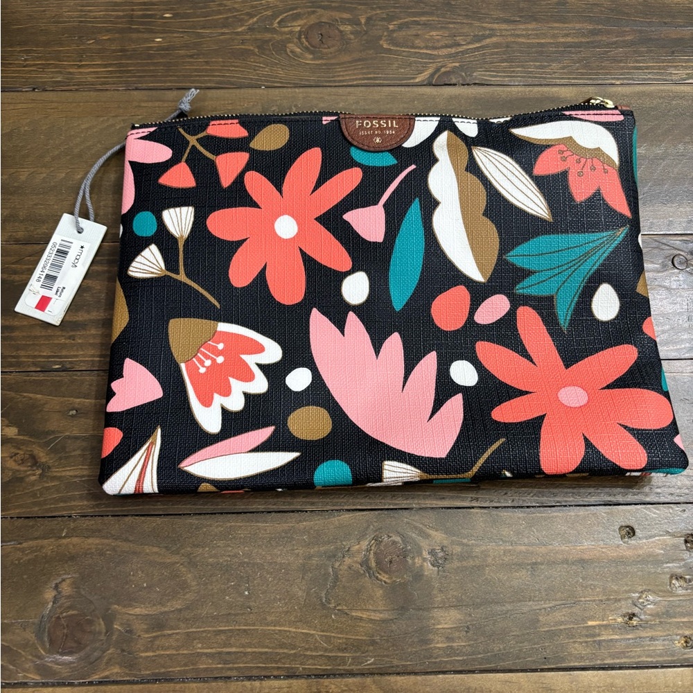 Fossil Floral Large Wristlet - Black, Pink, and Green